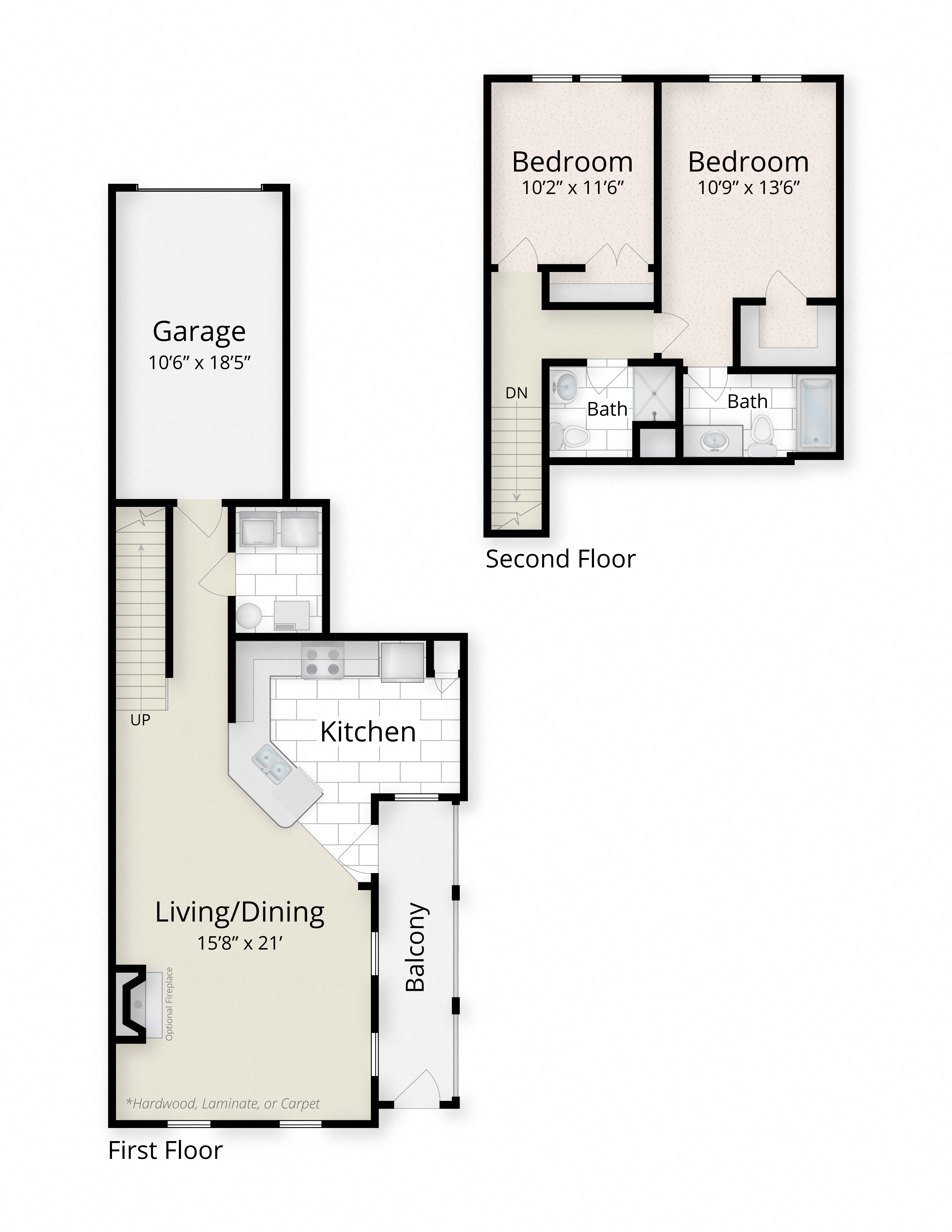 Floor plan for 2 beds, 2 baths, 1178 sqft